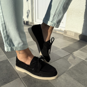 Sandra Bağcık Detaylı Siyah Süet Kadın Loafer 